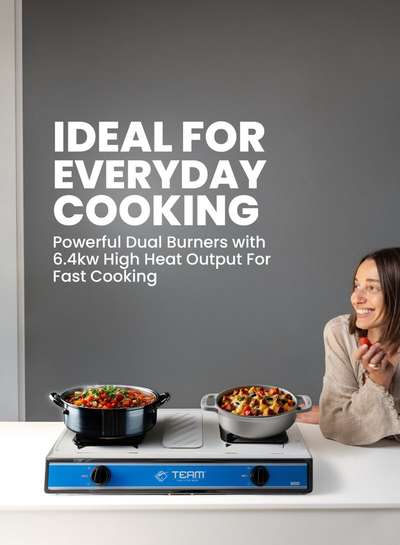 TEAM Gas Cooker Double Burner | Stainless Steel LPG Gas Stove | High Heat Output 6.4kW | Low Gas Consumption 466g/h | Durable, Portable Gas Cooker for Home & Outdoor Use - Image 2